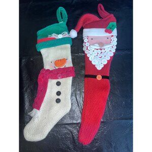 Knitted Christmas Stockings Santa & Snowman 18" Crochet Vintage Holiday